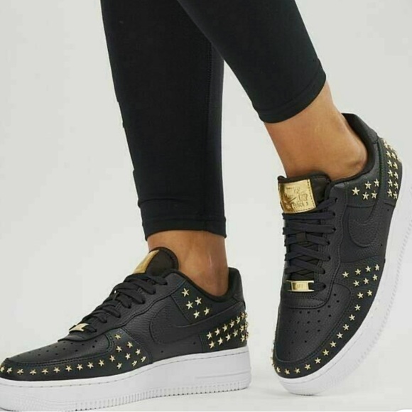 Nike Air Force Shoes - Nike Air Force 1 07 XX GOLD Low Star Studded Black & White Sneakers - Women’s 7